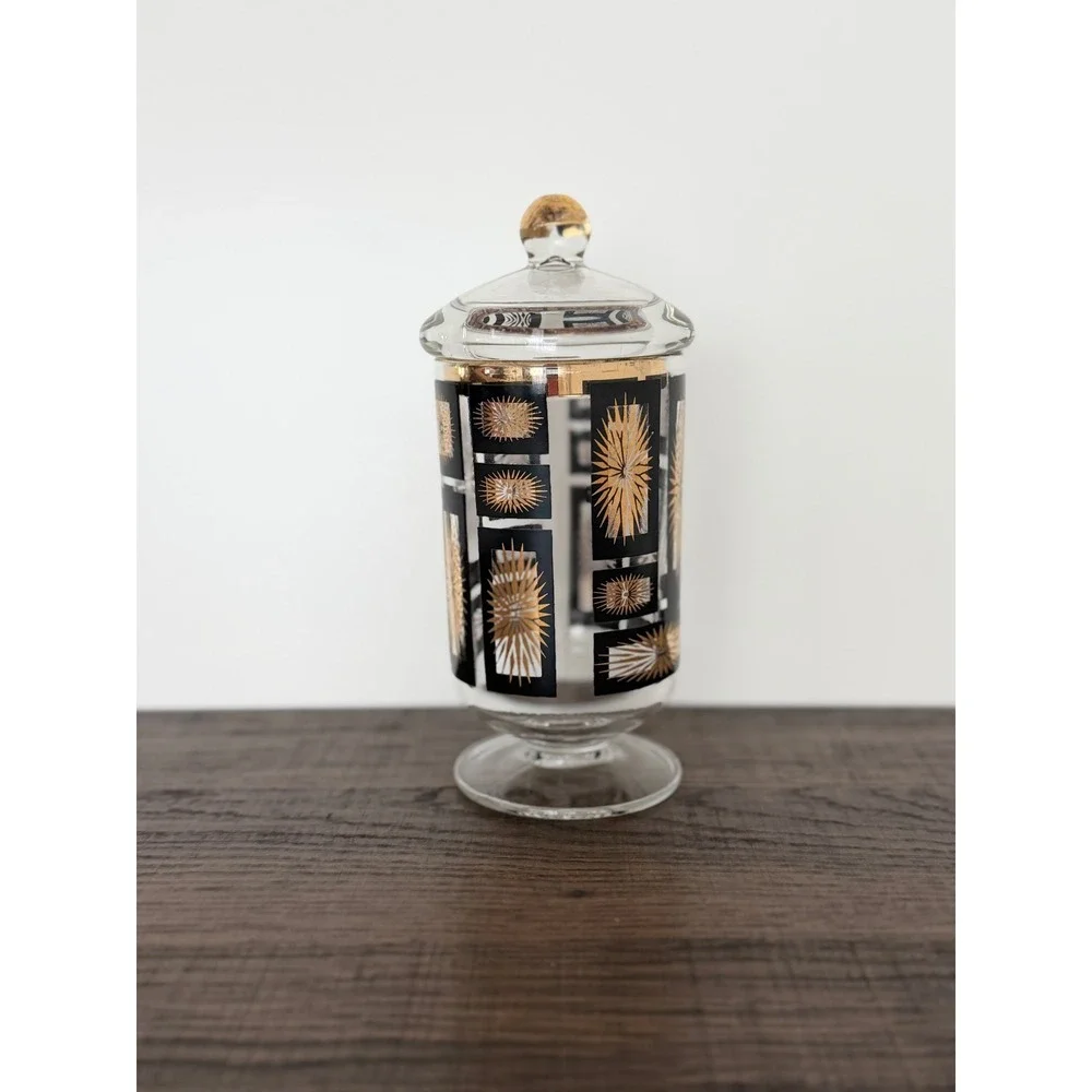 Vintage MCM Jeannette Glass Atomic Starburst Lidded Apothecary Jar Black Gold